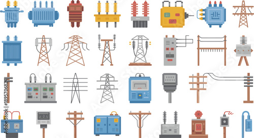 Electric power equipment icon set vector illustration featuring transformers pylons substations transmission lines industrial energy infrastructure collectionElectric power