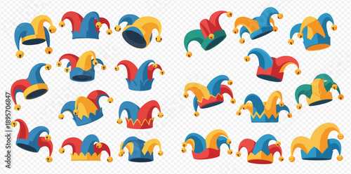 Set of colorful jester hats with bells, carnival costume accessories, and clown caps for entertainment and celebration.