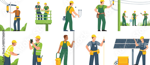 Electric power line technicians vector set showing installation maintenance repair solar panels safety equipment industrial energy workers illustration collectionElectric power line tec