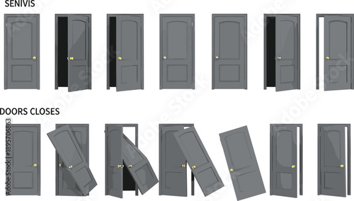 Door movement illustration, open and close sequence, mechanical transition concept, gray doors with golden knobs, vector artwork