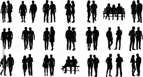 Couple silhouettes collection, men and women walking, talking, sitting together in daily life scenes, black and white vector illustration for lifestyle and relationship design