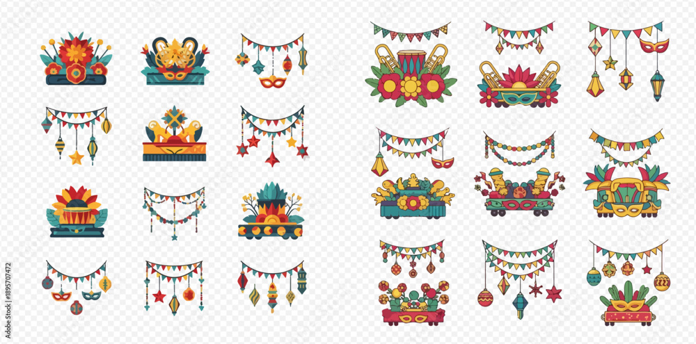Fototapeta premium Set of festive decorative elements and garlands for celebrations and holidays.