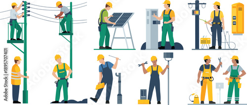 Electric utility and solar technicians vector set showing power line installation maintenance repair safety tools industrial energy workers
