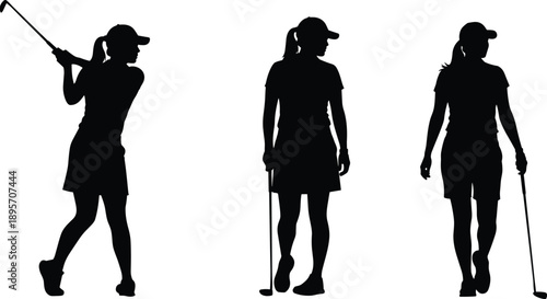 Female golfer silhouettes collection, women playing golf in swing and walking poses, black and white vector illustration for sports and leisure design