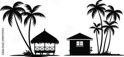 Tropical beach huts with palm trees silhouette, island resort landscape, summer vacation accommodation illustration, exotic seaside travel concept, background design