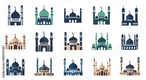 Collection of Mosque Illustrations in Various Colors.