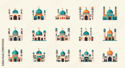 Collection of Mosque Illustrations with Domes and Minarets.