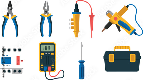 Electrician tools vector illustration set featuring pliers multimeter soldering gun tester screwdriver toolbox and electrical equipment icons