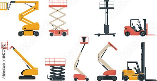 Industrial aerial lift equipment vector set showing boom lifts scissor lifts forklifts warehouse construction maintenance machines icons illustration collection designIndustrial aerial 