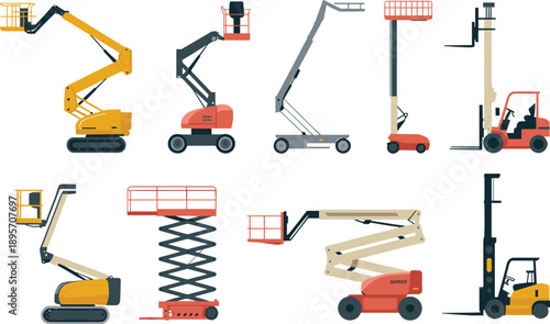 Industrial lifting equipment vector set featuring boom lifts scissor lifts forklifts aerial platforms construction maintenance warehouse machines illustration icons collection