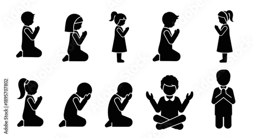 Silhouettes of Children Praying in Various Poses.
