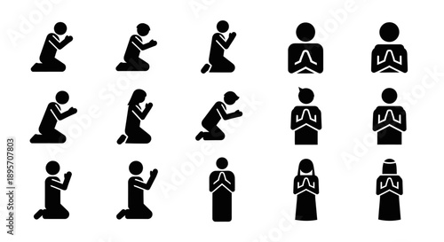 People Praying in Various Positions Silhouette.