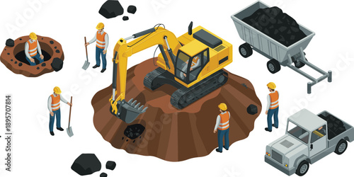 Isometric construction excavation illustration showing workers excavator truck and tools performing earthworks digging operations at industrial construction site