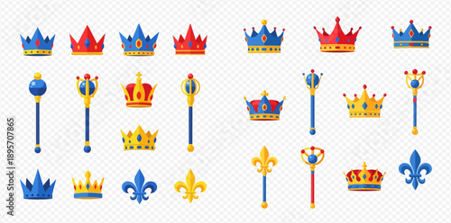 Set of royal crowns, scepters, and fleur de lis symbols for monarchy and power concepts.