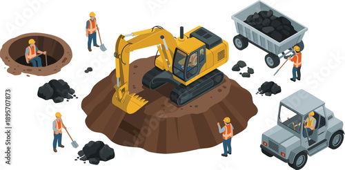 Isometric construction excavation illustration with workers excavator truck and tools performing earthworks digging operations at active industrial construction site