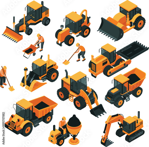 Isometric construction machinery illustration set featuring excavators loaders dump trucks rollers mixers and workers for industrial building projects worldwide applications