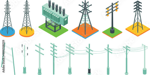 Isometric electric transmission towers power station and utility poles set showing electricity distribution infrastructure energy engineering technology systems networks industrial