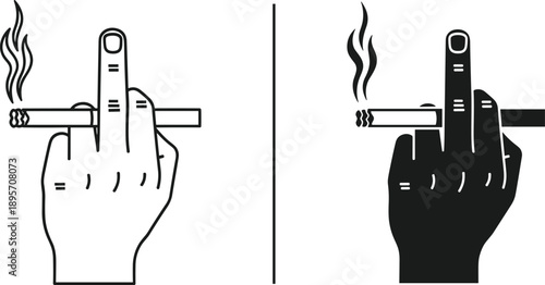 Middle finger smoking gesture illustration, provocative hand symbol with cigarette and smoke, black and white vector icon for rebel attitude design