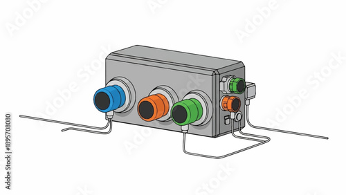 Compact electrical connector panel with color coded plugs and switches on a metal base.