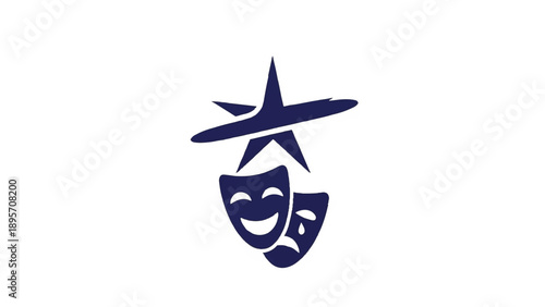 Blue Comedy and Tragedy Theater Masks Icon with Star Symbol.