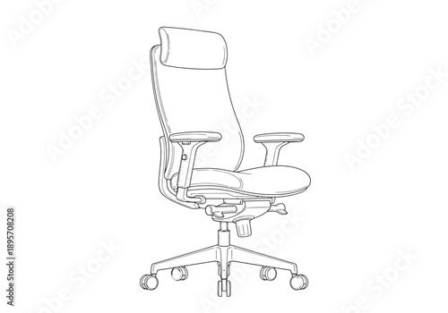 Modern Ergonomic Office Chair With Headrest And Adjustable Armrests On Wheels Detailed Line Drawing Isolated On White Background For Design