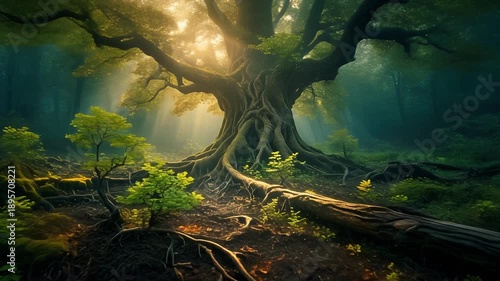 Majestic ancient oak in tranquil forest with glowing sunbeams illuminating gnarled roots