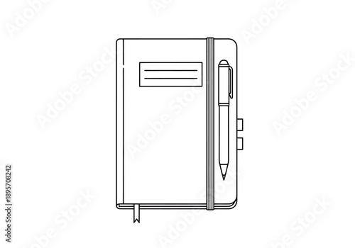 Minimalist Outline Of A Closed Notebook With Elastic Band And Pen Holder Attached Ready For Writing Notes And Ideas Documents
