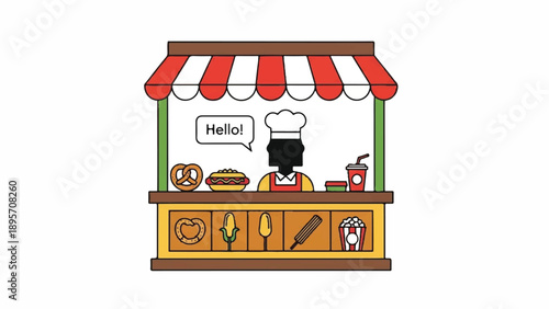 Cheerful street bakery stall with a chef serving an array of treats.