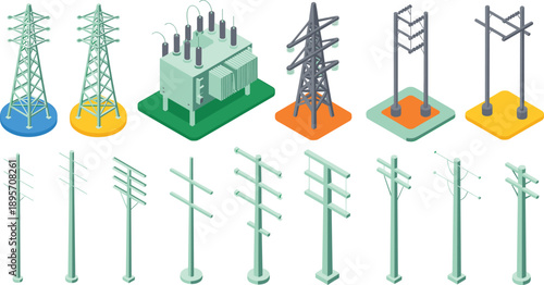 Isometric power transmission towers and electric poles set representing electricity distribution, energy infrastructure, utility networks, engineering and industrial technology concepts