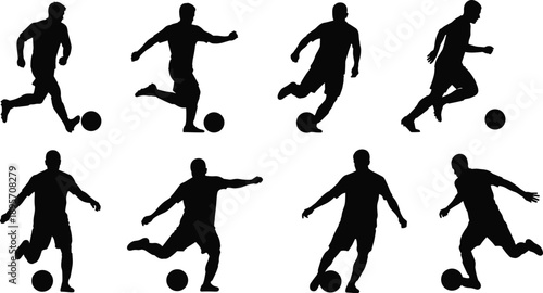 Soccer player silhouettes set, football athletes dribbling and kicking ball in action poses, black and white vector illustration for sports and competition design