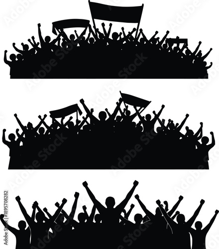 Protest crowd silhouettes set, people raising fists and flags in demonstration, black and white vector illustration for activism, revolution, and social movement design