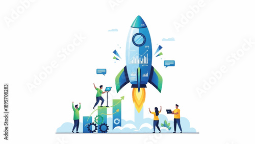 Team Celebrates Successful Rocket Launch with Model Rocket and Supporting Crew.