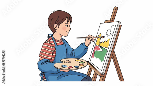 Young artist painting on an easel with palette.