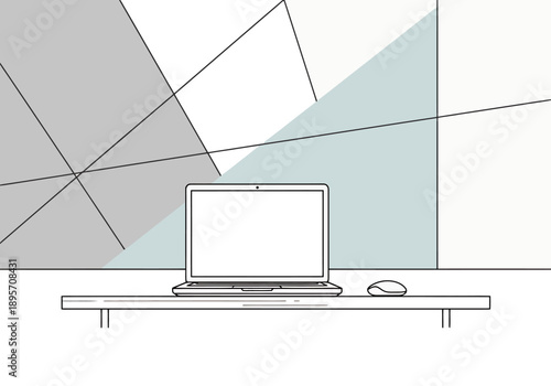 Modern laptop and computer mouse on a sleek desk against a minimalist geometric wall backdrop for technology and remote work concepts