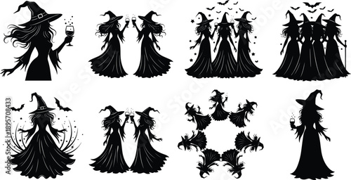 Witch silhouettes collection, magical women celebrating Halloween with wine, spells and flying bats, black and white vector illustration set for fantasy and holiday design