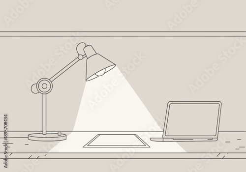 Desk workspace with adjustable metal lamp illuminating a blank paper and open laptop computer for focused work or study