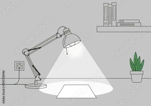 Adjustable Desk Lamp Illuminates Paper on Table with Bookshelf and Potted Plant Background in Minimalist Style