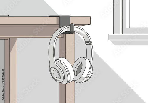 Modern Headphones Hang From Desk Organizer Hook Keeping Workspace Tidy And Modern Audio Equipment Securely Stored