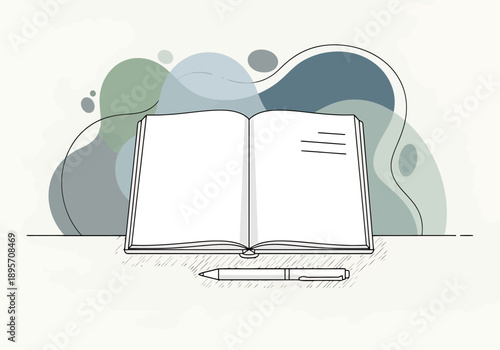 Open blank book with notes and pen on abstract background for journaling creative writing study learning education and inspiration purposes