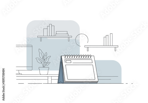 Desk Workspace With Desktop Computer Plant Shelves And Flip Calendar Illustration Style Clean Modern Minimalist Office Environment For Scheduling And