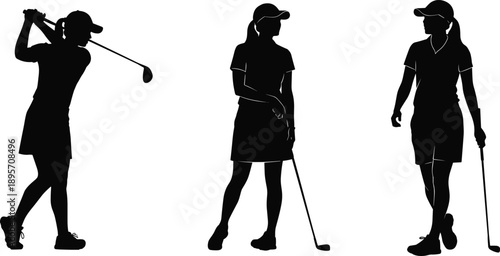 Women golfer silhouettes set, female golf players swinging and standing poses, black and white vector illustration for sports training design