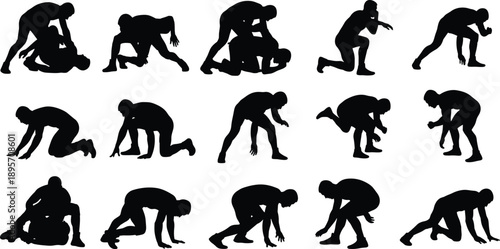 Wrestling and grappling silhouettes set, athletes performing ground combat and takedown moves, black and white vector illustration for martial arts and sports design