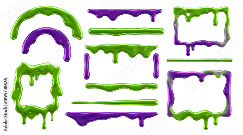 3D green and purple slime dripping frames set. Glossy liquid borders and toxic goo shapes.