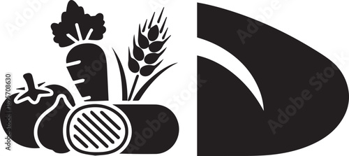 Black vector icon of vegetables, grains, and bread for healthy eating, nutrition, and food concepts, isolated on white