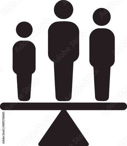 Vector black silhouette people on balance scale icon, equality concept, justice, equal rights, isolated on white