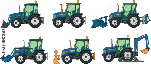 Tractor illustration set with agricultural machinery attachments, modern farm vehicle collection, farming equipment icons, colorful vector design