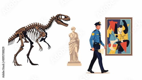 Museum Gallery Scene with Dinosaur Skeleton, Statue, and Visitor Viewing Modern Art.