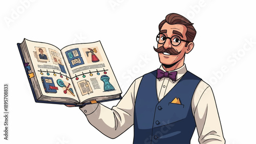 Cartoon man in vest and bow tie reading a colorful magazine.