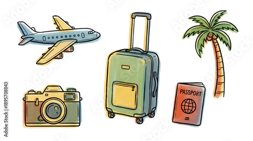 Travel and summer vacation hand drawn sketch set. Airplane, suitcase, palm tree, camera, and passport color illustration