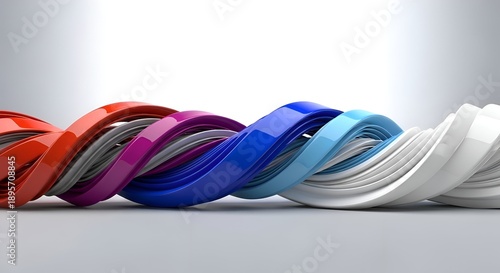 Wallpaper Mural Abstract Twisted Ribbon Sculpture with Vibrant Colors Red Purple Blue and White against a Light Gray Studio Background with Subtle Lighting Torontodigital.ca